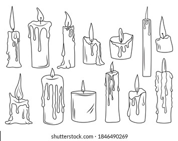 Set of line candle. Collection of silhouettes of a paraffin candle with a burning wick. Linear art. Elements for holidays and romantic cards. Vector illustration on white background.