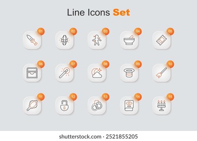 Set line Candlestick, Ancient magic book, Handcuffs, Open padlock, Magic hand mirror, Witches broom, hat and Moon stars icon. Vector