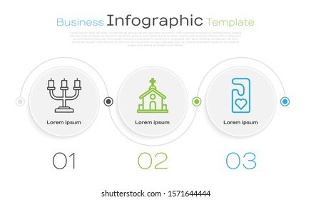 Set line Candlestick, Church building and Please do not disturb with heart. Business infographic template. Vector