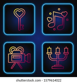 Set line Candlestick, Cinema camera, Key in heart shape and Music note, tone with hearts. Gradient color icons. Vector