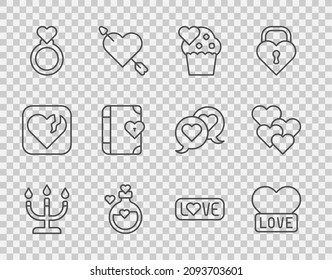 Set line Candlestick, Heart, Wedding cake, Bottle with love potion, rings, Love diary, text and  icon. Vector