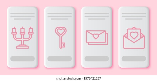 Set line Candlestick, Key in heart shape, Envelope with Valentine heart and Envelope with Valentine heart. White rectangle button. Vector