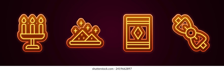 Fije la línea Candlestick, Magic polvo, alfombra y corbata Bow. Icono de neón brillante. Vector