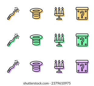 Set line Candlestick, Magic wand, hat and Mystery box icon. Vector