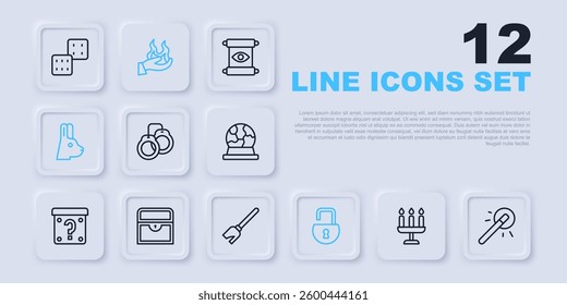 Set line Candlestick, Magic wand, Handcuffs, Open padlock, Rabbit with ears, Antique treasure chest, holding fire and Witches broom icon. Vector