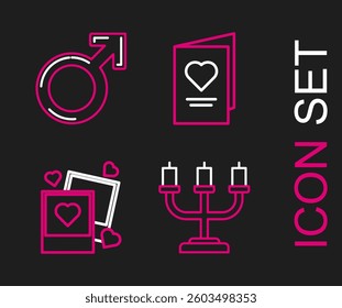 Set line Candlestick, Two blanks photo frames hearts, Valentines day party flyer with and Male gender symbol icon. Vector
