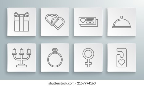Set line Candlestick, Two Linked Hearts, Diamond engagement ring, Female gender symbol, Please do not disturb with heart, Ticket, Covered tray of food and Gift box icon. Vector