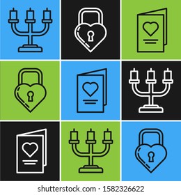 Set line Candlestick, Valentines day party flyer with heart and Castle in the shape of a heart icon. Vector