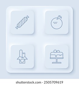 Set line Candy, Apple, Chocolate bar and Cake on plate. White square button. Vector
