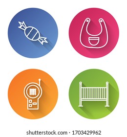 Set line Candy, Baby bib, Baby Monitor Walkie Talkie and Baby crib cradle bed. Color circle button. Vector