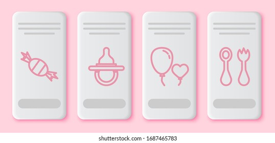 Fije la línea Candy, Bebé maniquí pacificador, Globos en forma de corazón y cubertería de bebé con tenedor y cuchara. Botón rectángulo blanco. Vector