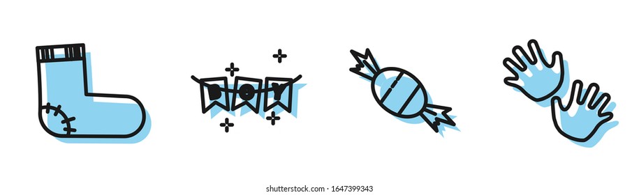 Set line Candy, Baby socks clothes, Carnival garland with flags and Baby hands print icon. Vector
