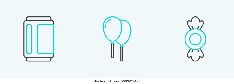 Set line Candy, Beer can and Balloons with ribbon icon. Vector