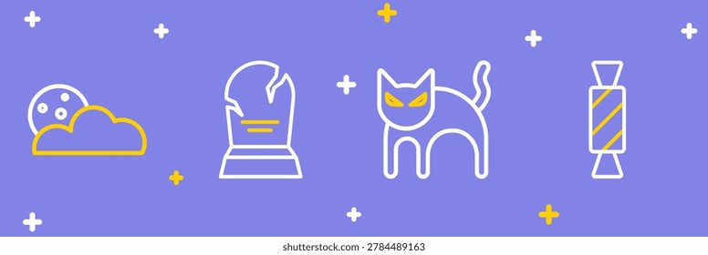Set line Candy, Black cat, Tombstone with RIP written and Moon stars icon. Vector