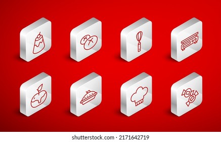 Set line Candy, Bread loaf, Kitchen whisk, Electronic scales, Chef hat, Pudding custard, Homemade pie and Apple caramel icon. Vector