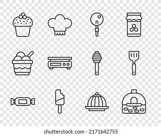 Set line Candy, Brick stove, Lollipop, Ice cream, Cake, Electronic scales, Pudding custard and Spatula icon. Vector