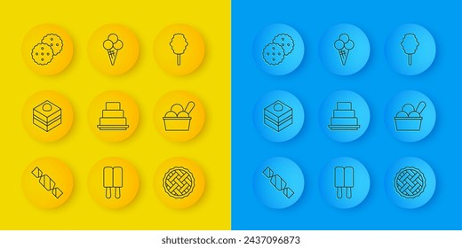 Set line Candy, Brownie chocolate cake, Cake, Homemade pie, Ice cream in bowl, Cookie or biscuit, Cotton candy and waffle cone icon. Vector