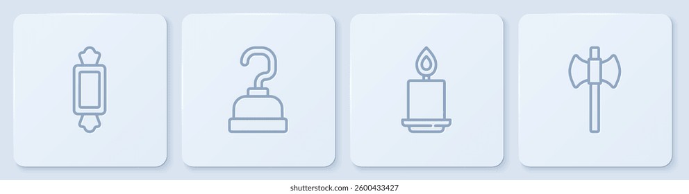 Set line Candy, Burning candle, Pirate hook and Wooden axe. White square button. Vector