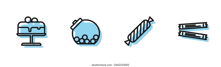 Set line Candy, Cake on plate, Glass jar with candies inside and Sugar stick packets icon. Vector