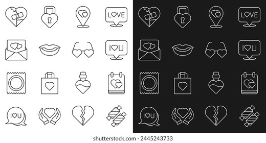 Set line Candy, Calendar with heart, Speech bubble text I love you, Location, Smiling lips, Envelope Valentine, Healed broken or divorce and Heart shaped glasses icon. Vector