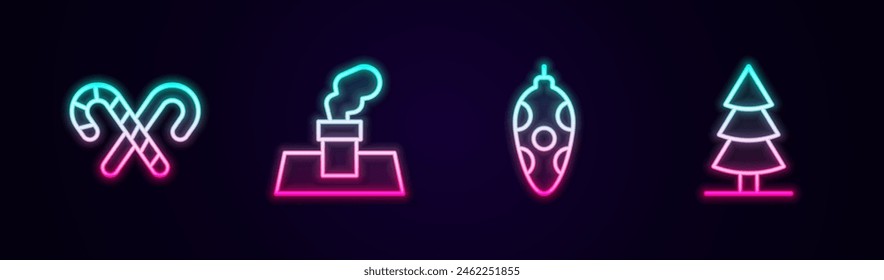 Set line Candy cane with stripes, Christmas chimney, toy and tree. Glowing neon icon. Vector