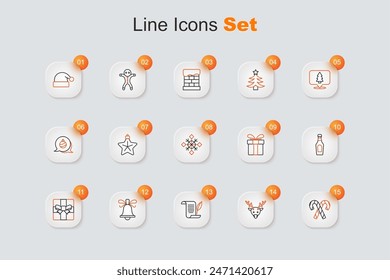 Set line Candy cane with stripes, Reindeer, Envelope, Christmas ringing bell, Gift box, Champagne bottle,  and Snowflake icon. Vector