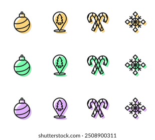 Set line Candy cane with stripes, Christmas ball, tree and Snowflake icon. Vector