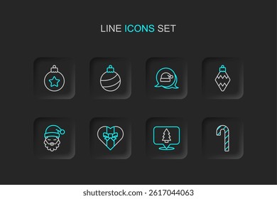 Set line Candy cane with stripes, Christmas tree, Gift box, Santa Claus hat beard, toy, ball and  icon. Vector