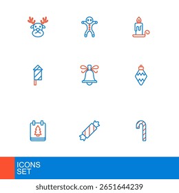Set line Candy cane with stripes, Christmas day calendar, toy, Firework rocket, ringing bell, Burning candle and Holiday gingerbread man cookie icon. Vector
