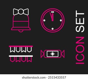 Set line Candy, Carnival garland with flags, Clock and Merry Christmas ringing bell icon. Vector