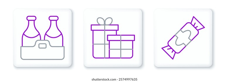 Set line Candy, Champagne bottle and Gift box icon. Vector