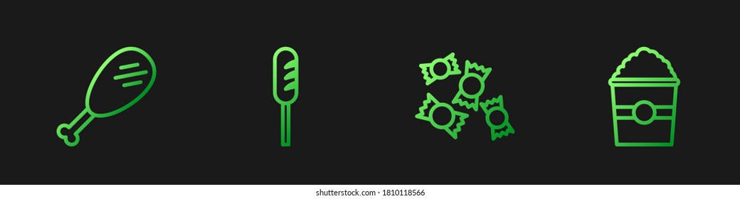 Set line Candy, Chicken leg, Fried sausage and Popcorn in box. Gradient color icons. Vector
