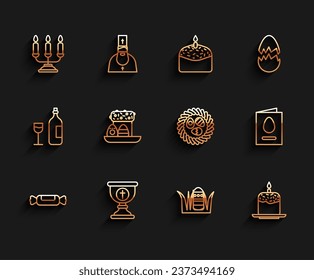 Set line Candy, Christian chalice, Candelabrum with candlesticks, Easter egg, cake, eggs, Greeting card Happy and wicker nest icon. Vector