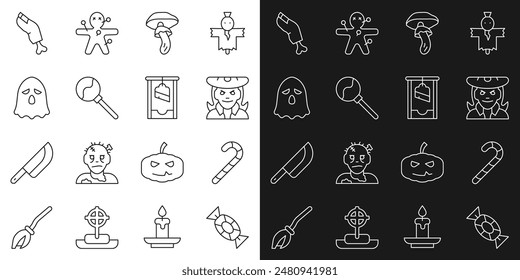 Set line Candy, Christmas candy cane, Witch, Psilocybin mushroom, Lollipop, Ghost, Zombie finger and Guillotine icon. Vector