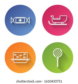 Set line Candy, Christmas santa claus sleigh, Nougat with nuts and Lollipop. Color circle button. Vector