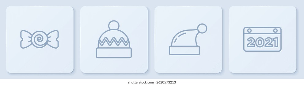 Set line Candy, Christmas Santa Claus hat, Winter and Calendar. White square button. Vector