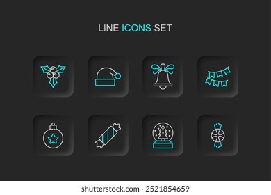 Set line Caramelo, globo de nieve de las Navidades, bola, guirnalda del carnaval con las banderas, campana que suena, sombrero de Santa Claus e icono viburnum de la rama. Vector