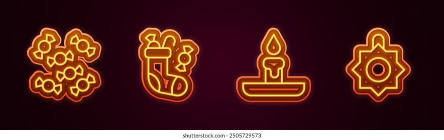 Set line Candy, Christmas stocking, Burning candle and toy. Glowing neon icon. Vector