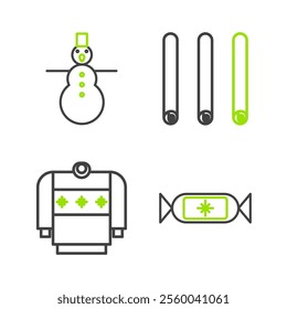 Set line Candy, Christmas sweater, Three rolled sticks of cinnamon and snowman icon. Vector