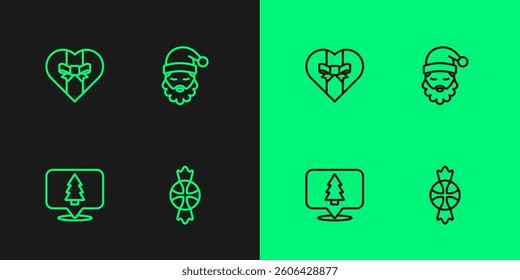 Set line Candy, Christmas tree, Gift box and Santa Claus hat beard icon. Vector