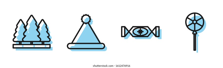 Set line Candy, Christmas trees, Christmas Santa Claus hat and Lollipop icon. Vector