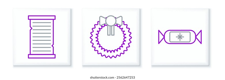 Set line Candy, Christmas wish list template and wreath icon. Vector