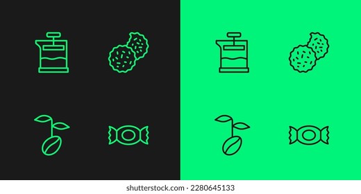 Set line Candy, Coffee beans, French press and Cookie or biscuit icon. Vector