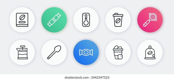 Set line Candy, Coffee filter holder, French press, Iced coffee, cup to go, thermometer, Bag beans and Teaspoon icon. Vector
