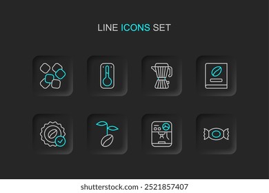 Set line Candy, Coffee machine, beans, Medal for coffee, book, maker moca pot, thermometer and Sugar cubes icon. Vector