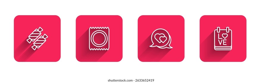 Set line Caramelo, Condón en paquete, Burbuja de discurso del corazón y Calendario con 14 de febrero con sombra larga. Botón cuadrado rojo. Vector