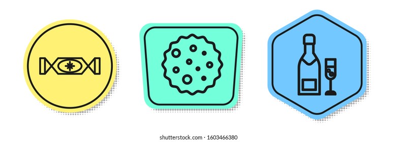 Set line Candy, Cookie or biscuit with chocolate and Champagne bottle and glass of champagne. Colored shapes. Vector