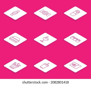Set line Candy, Doner kebab, Burger, Ice cream in bowl, Sushi, Chicken leg package box and Paper glass with straw icon. Vector