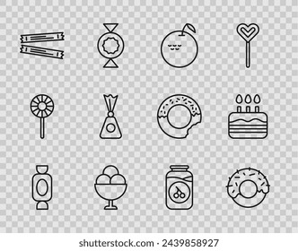 Set line Candy, Donut, Apple, Ice cream in bowl, Sugar stick packets, Cherry jam jar and Cake with burning candles icon. Vector