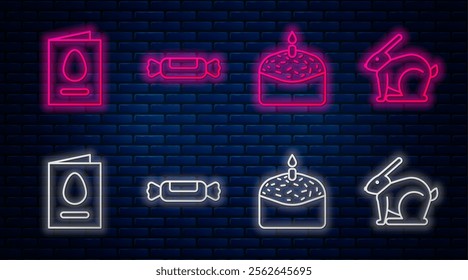 Set line Candy, Easter cake and candle, Greeting card with Happy Easter and Easter rabbit. Glowing neon icon on brick wall. Vector